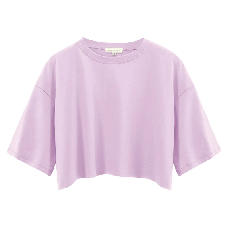 T-shirt a maniche corte per ragazza calda sexy europea e americana 2024 estate tinta unita taglio corto crop neck top sportivo