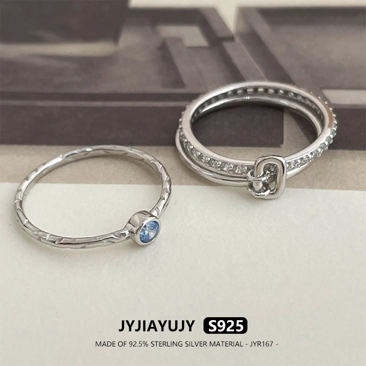 

JYJIAYUJY 100% цельное оригинальное кольцо из стерлингового серебра S925, нерегулируемое кольцо с синим цирконом, двухслойное комбинированное ювелирное изделие, подарок JYR167