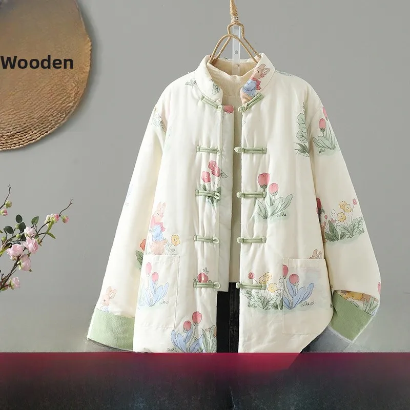 

Легкая хлопковая куртка с цветочным принтом, свободная посадка, теплое хлопковое пальто на пуговицах в стиле ретро, осень-зима, новая женская повседневная верхняя одежда