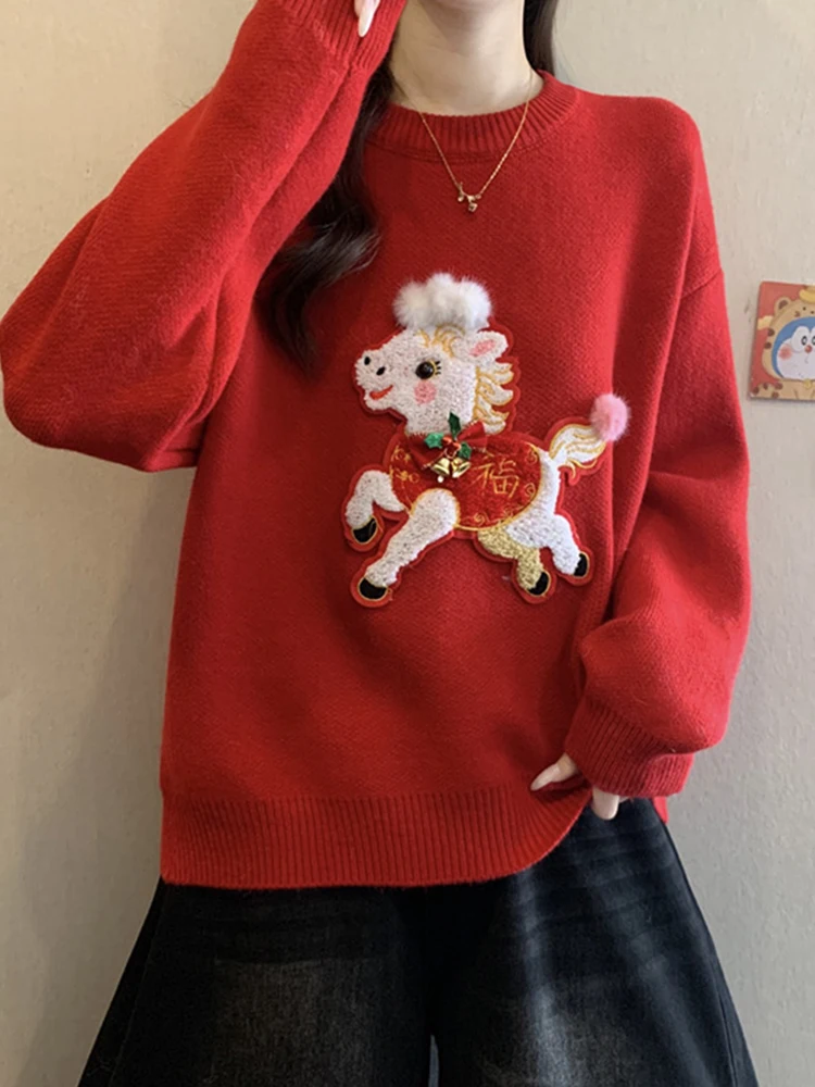 

Sli Red Long Sve Women's Knitwear Winter 2026 New Loose Fit plus Size Comfortable Breathable Faionable Top