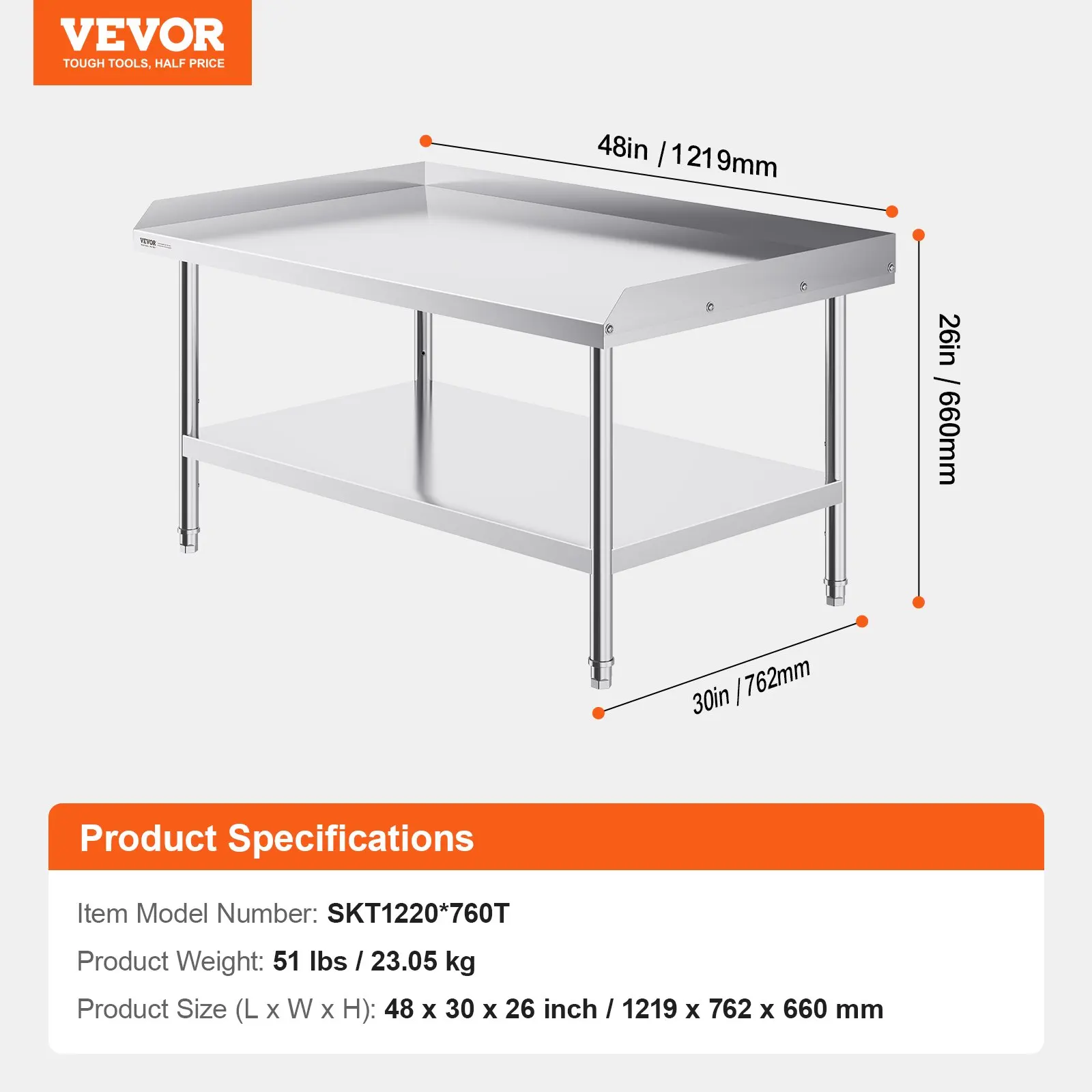 Stainless Steel Work Table, 30 X 48 X 26 Inch Commercial Food Prep Worktable, 3-Sided Backsplash Heavy Duty Prep Worktable,