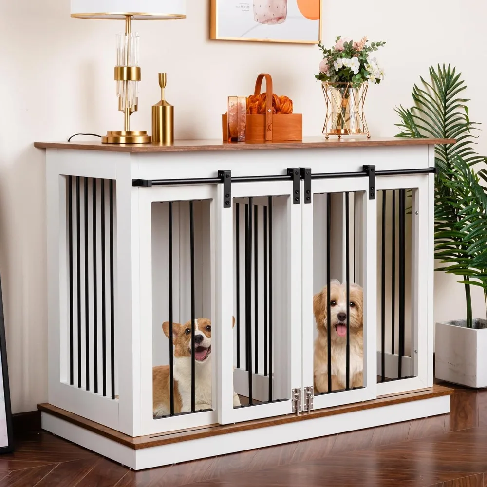 Dog Crate Furniture with Divider Wooden Dog Kennel End Table Large Breed Dog House Indoor for One Large or Two Small Dogs