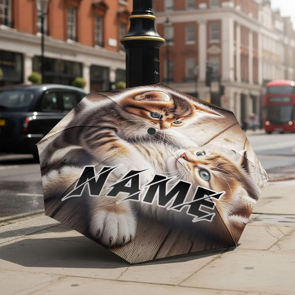 Custom Name umbrella, Cute Kittens Playing Together on Wooden Background Umbrella Fashion Folding Umbrella for Daily Use, Gift