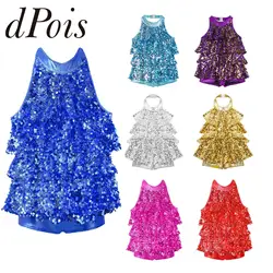 Disfraz de baile latino de Jazz moderno para niños y niñas, vestido de lentejuelas brillantes con cuello Halter, ropa de baile para actuaciones en escenario