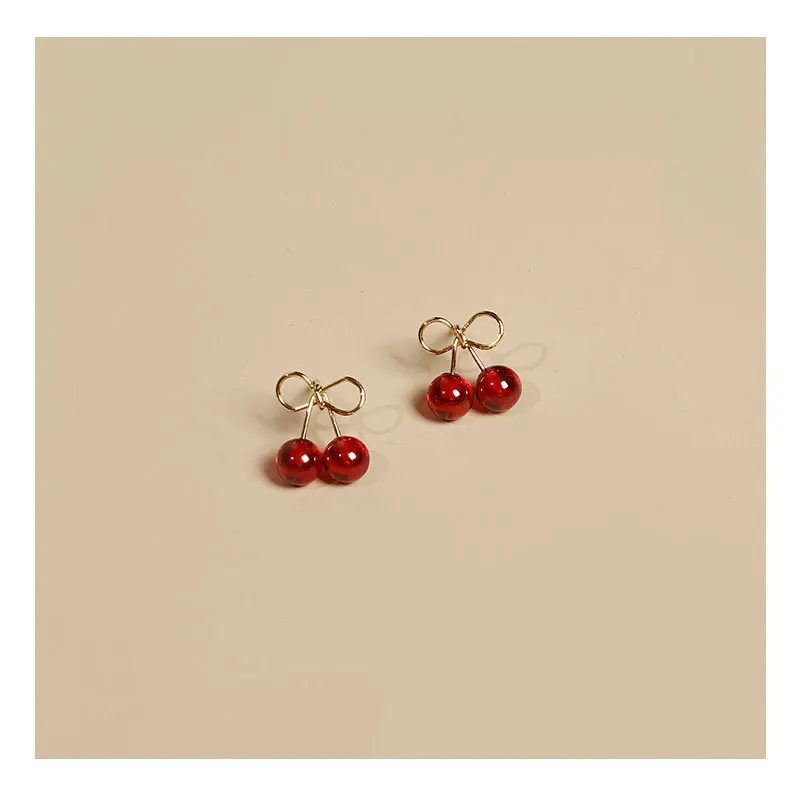 

925 Sterling Silver Earrings With Small Cherry Vintage Hong Kong Style Earrings, High-End Woman French Red Earrings