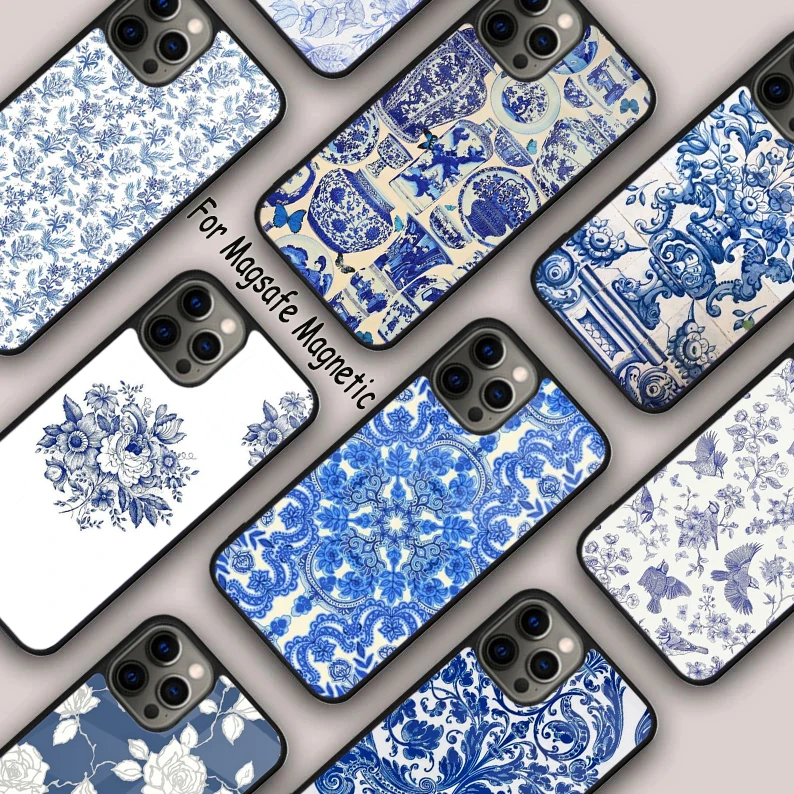 Porcelain inspired blue and white tile style Magnetic Phone Case For APPLE iPhone 16 14 13 12 11 Pro Max 15 Plus MagSafe Cover