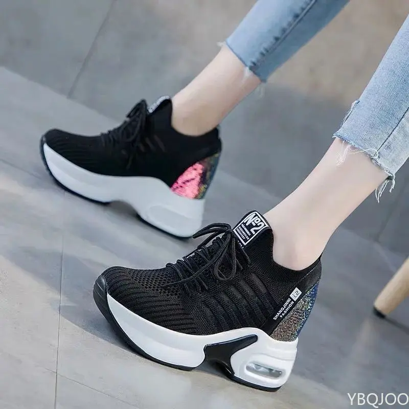 Women's Sneakers Spring Sequined Casual Shoes Women Platform Heels Wedges Height Increasing 2022 Knitted Ladies Vulcanized Shoes