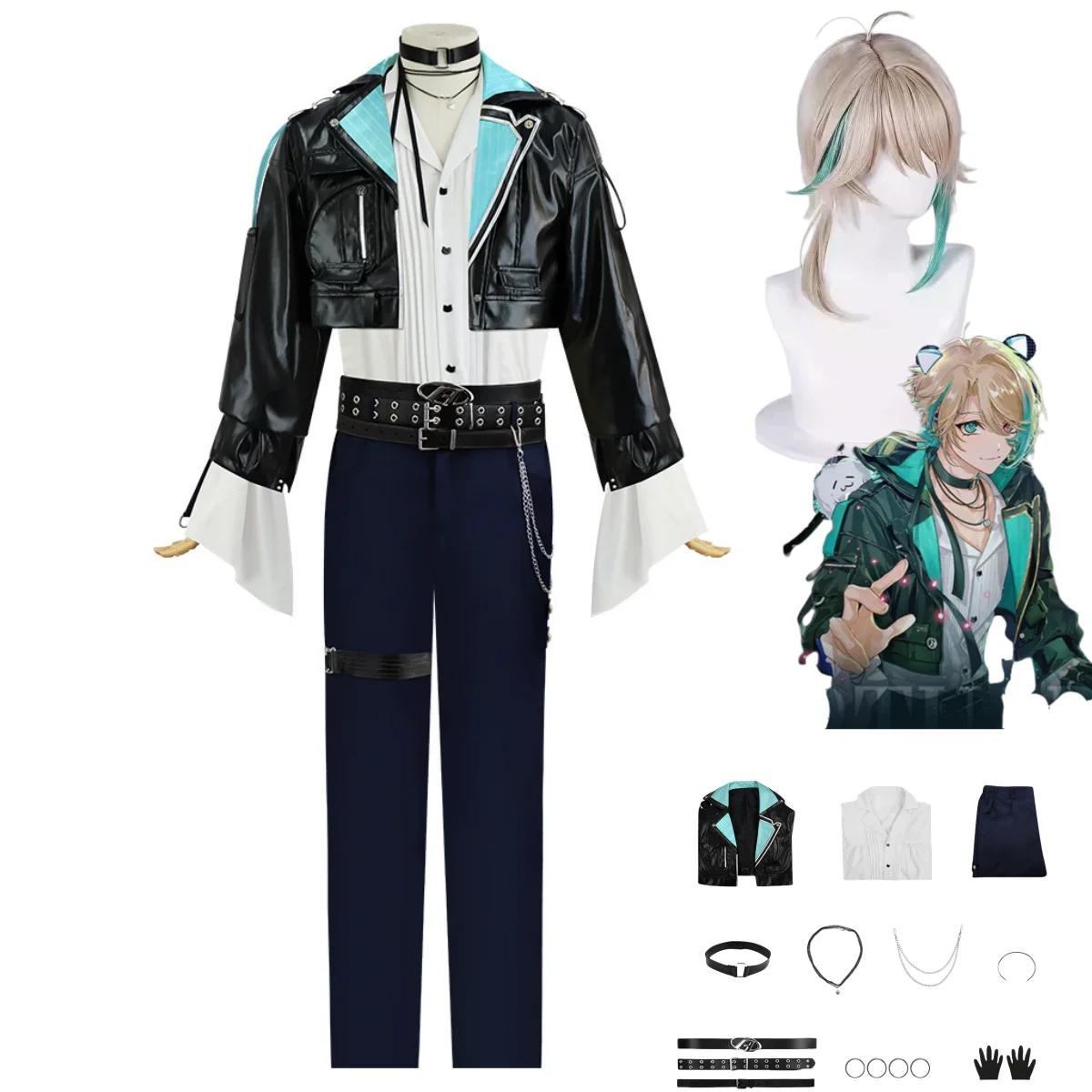 الظاهري YouTuber Aza تأثيري حلي VTuber الأسود بولي Coat معطف موحد مجموعة كاملة شعر مستعار الكبار رجل امرأة كرنفال هالوين البدلة