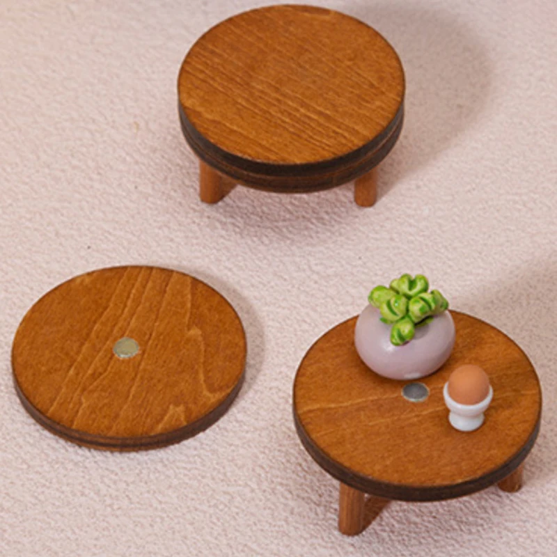 1:12 Dollhouse Miniature Mini Wooden Magnetic Round Table Coffee Table Simulation Table Furniture Toys Doll House Accessory Gift