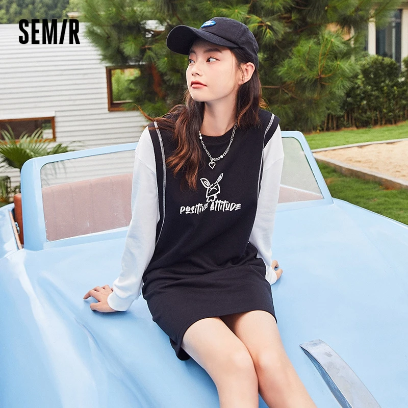 Semir Dress Women Black And White Casual Style 2021 Spring And Autumn New Pattern Contrast Color Stitching Fake Two-Piece Dress