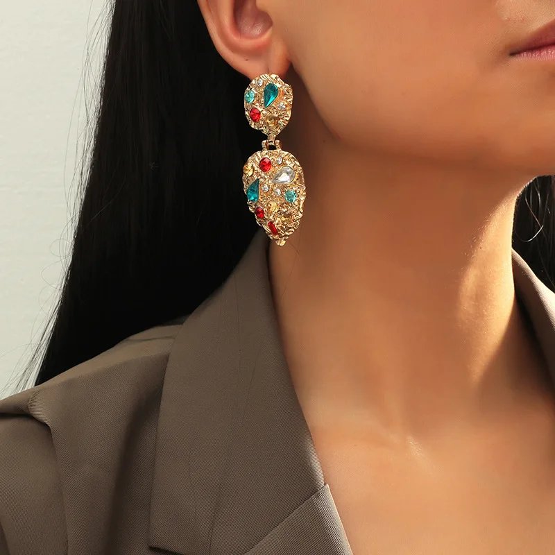 Boho Vintage Colorful Crystal Stone Clip on Earrings Non Pierced for Women Exaggerated Charm Maxi Statement Ear Clips Jewelry