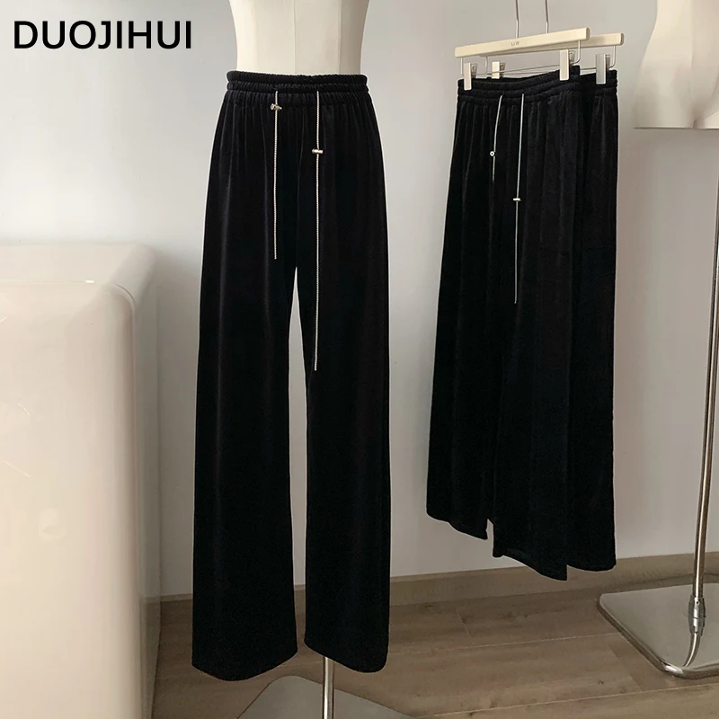 

DUOJIHUI Korean Style Black Chic Drawstring Women's Pants Ins Fashion High Waist Slim Pure Color Simple Casual Loose Female Pant