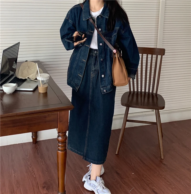 

Faionable Casual Denim Set Women's Open Cardigan Top Early Autumn plus Size Fat MM Split f Skirt Two Piece Set