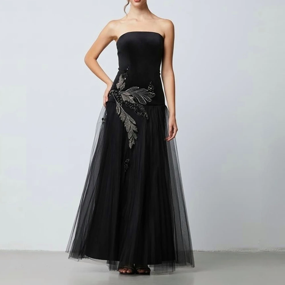 

Customized A-line Evening Dresses Ankle-length Strapless Sleeveless Prom Gown Fashion Flowers Simple Draped Backless Party Gown