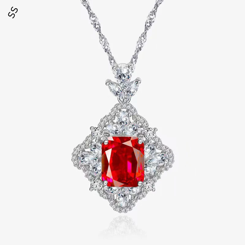 925 Sterling Silver Rectangle Diamond Gemstone Pendant Necklace for Women Party Evening Dresses Jewelry Accessories