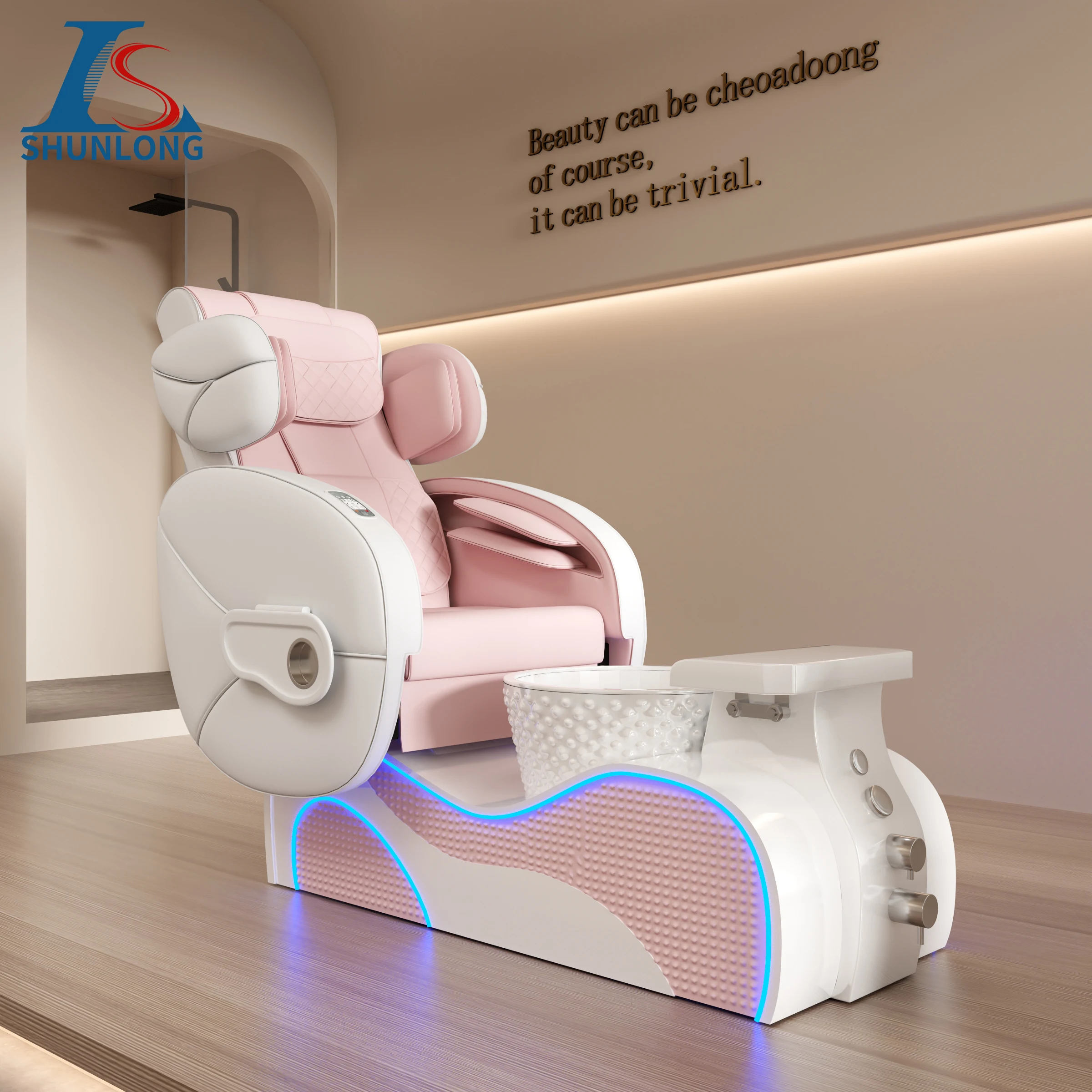 Luxury Black & White PU Pedicure Spa Chair Reclining Salon Pedicure Chair with Glass Foot Basin & Blue LED Light