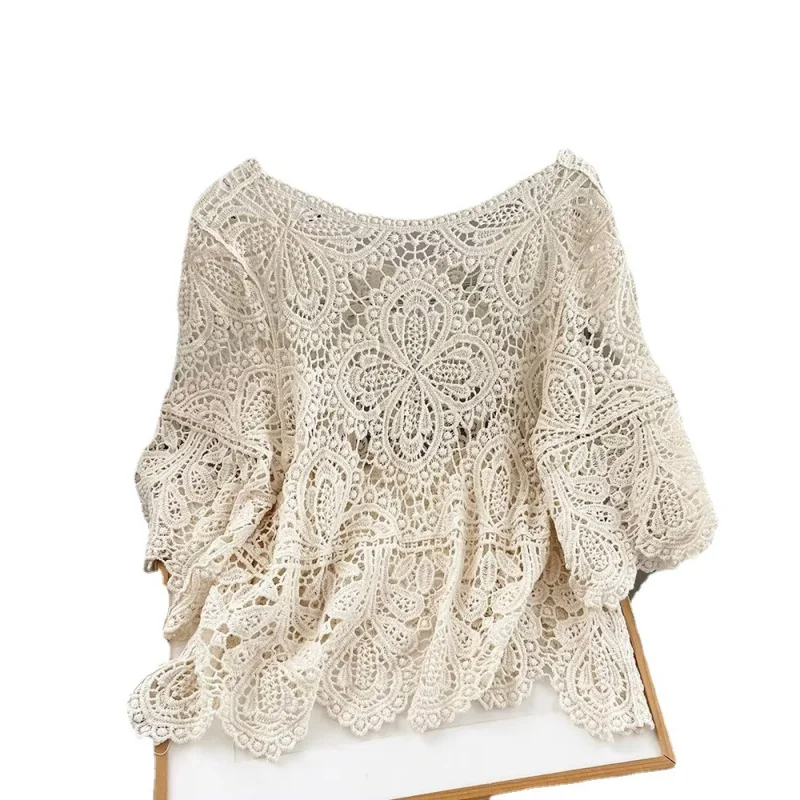 2024 New Crocheted Hollow-out Short Blouse Sun Protection Top Versatile Cotton Loose Pullover Wholesale