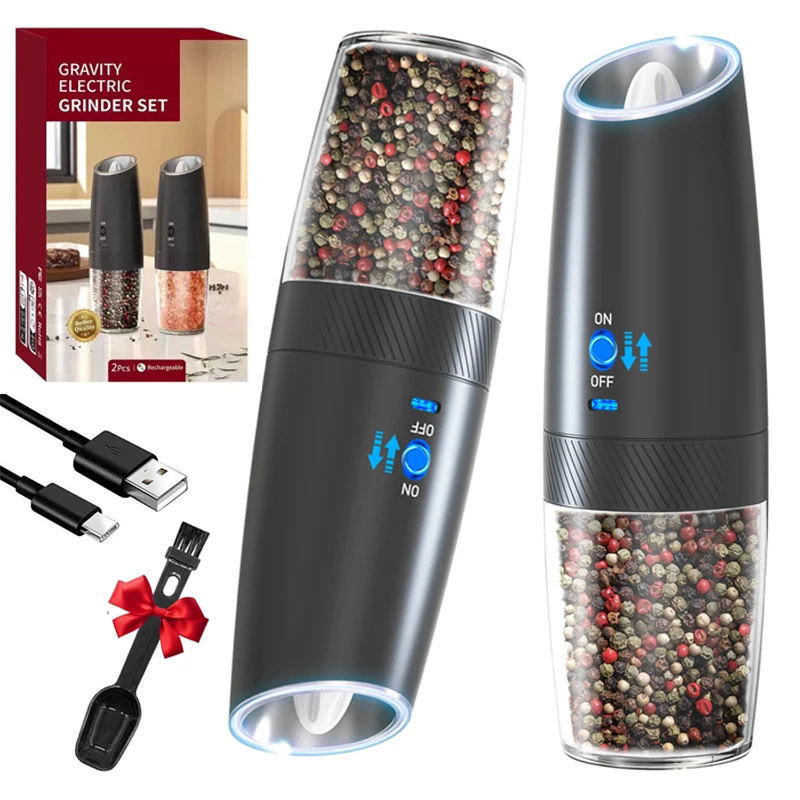 USB Rechargeable Gravity Electric Salt Pepper Mill Automatic Grinder Adjustable Coarseness One Hand LED Light Safety Switch