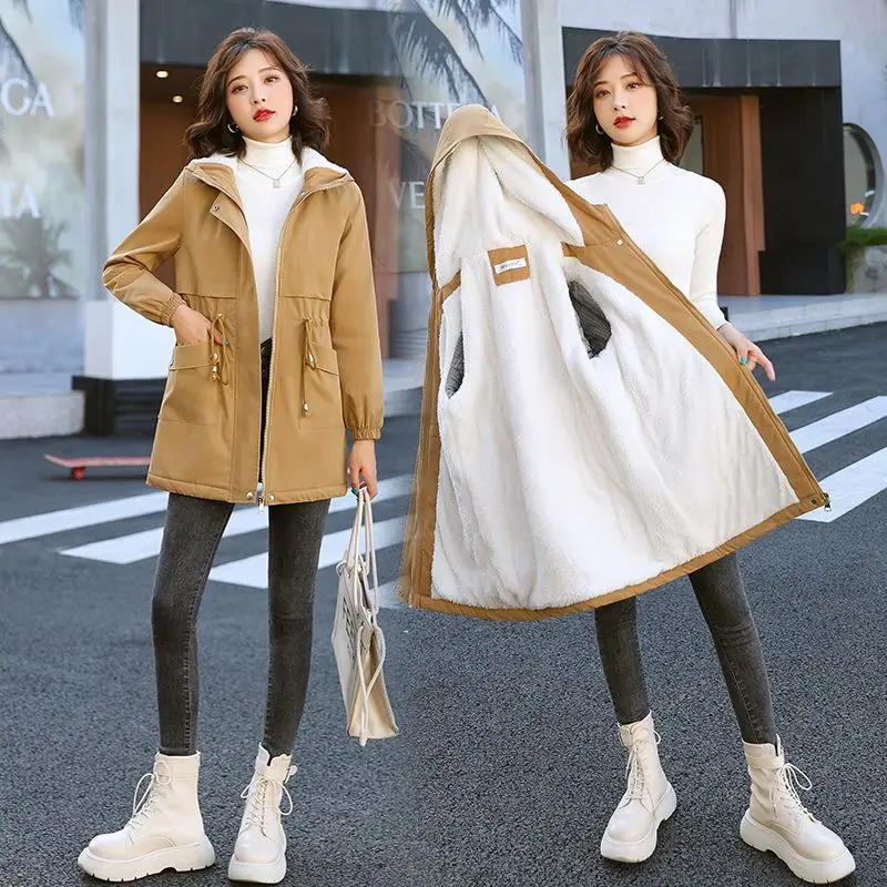 

Hooded Trench Zipper Cardigan Long Sleeve Lamb Wool Outerwear Spliced Solid Loose Fit Pockets Autumn Casual Women Clothing