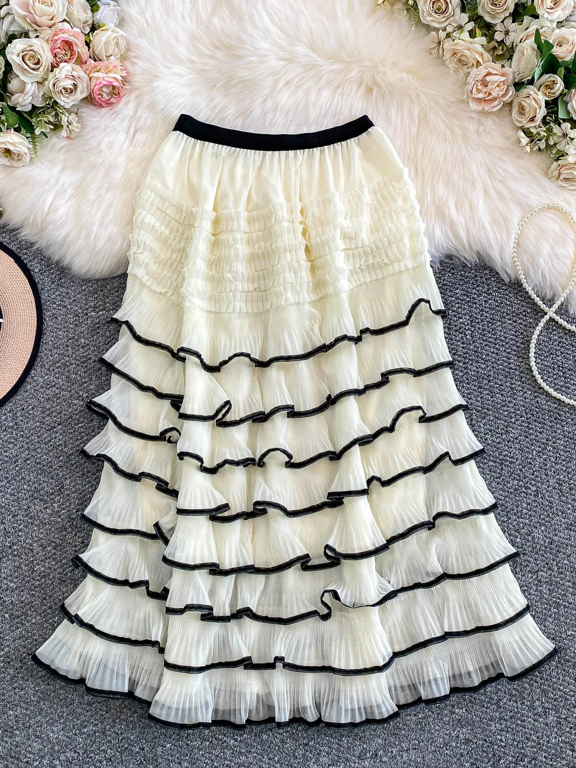 تنورة كعكة عادية المرأة عالية الخصر رقيق ميدي تنورة مخطط تصميم Ci تخفيف فضفاضة تناسب الخريف الشتاء الحلو الجنية تنورة #3