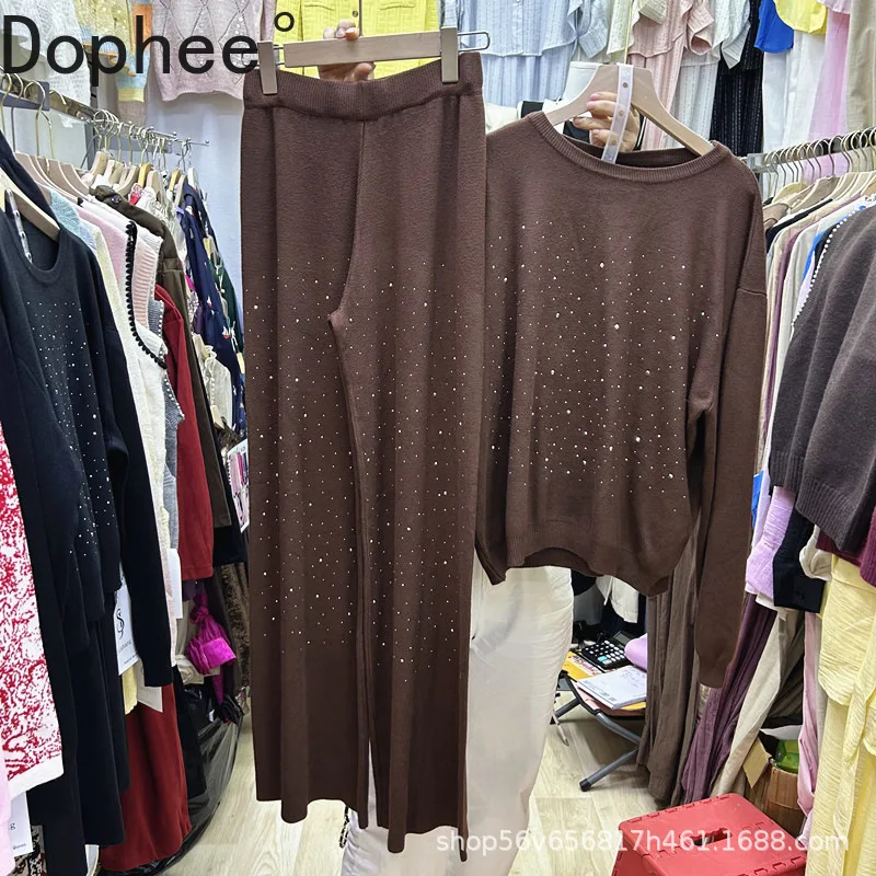 

New Autumn Winter Women Knitted Sets Hot Drilling O-neck Long Sleeve Sweater Hoodie Top + Elastic Waist Casual Wide Leg Pants