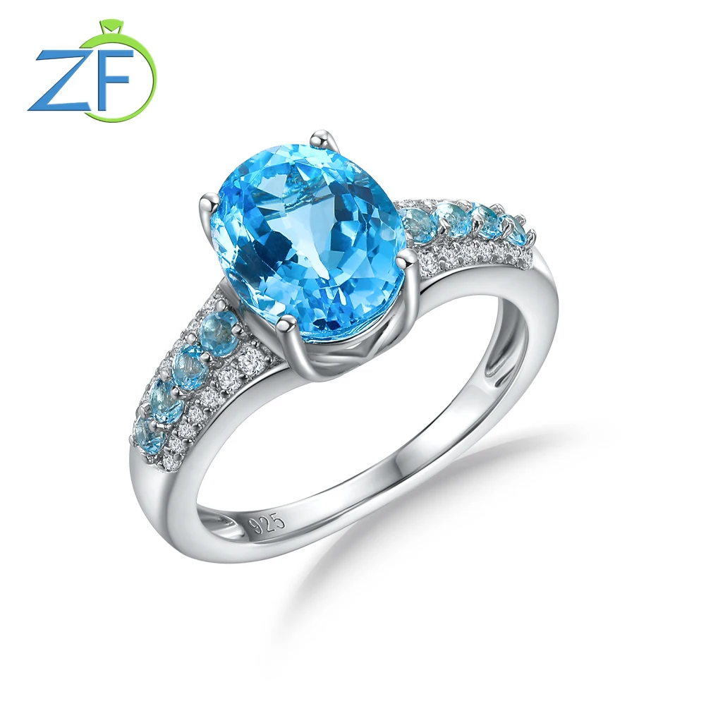 

GZ ZONGFA Genuine Swiss Blue Topaz Ring for Women 925 Sterling Silver Gemstone Fine Jewelry Wedding Party Gift