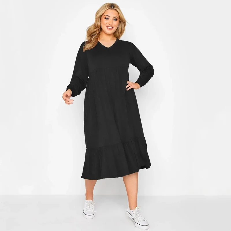 Plus Size elegancka wiosenna jesienna sukienka z długim rękawem luźna suknia wielowarstwowa dekolt w szpic duży rozmiar dopasowana sukienka Midi 5XL