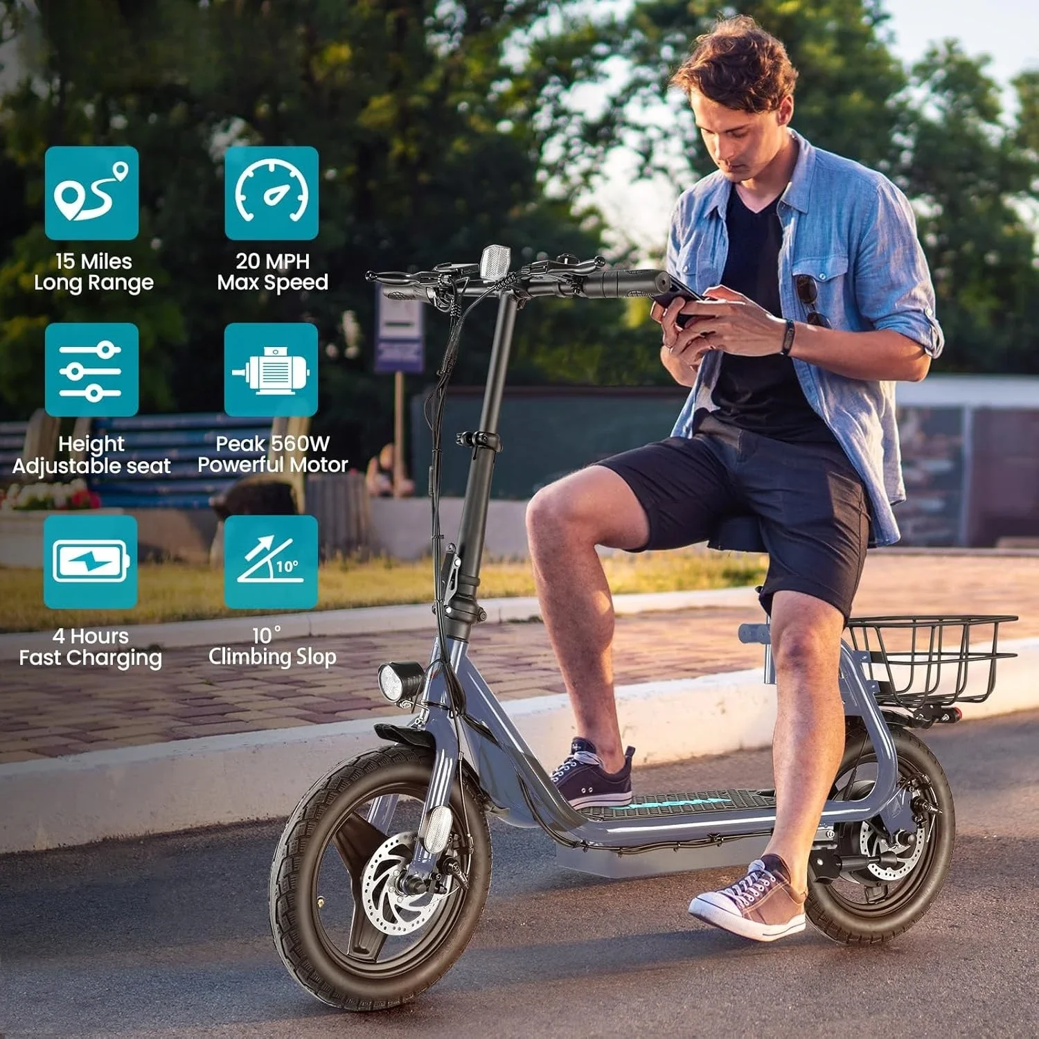 

Peak 560W Electric Scooter Adults, 14" Tire, 20MPH Top Speed, 15Miles Range, Max Load 300LBS,Foldable Electric Scooter with Seat
