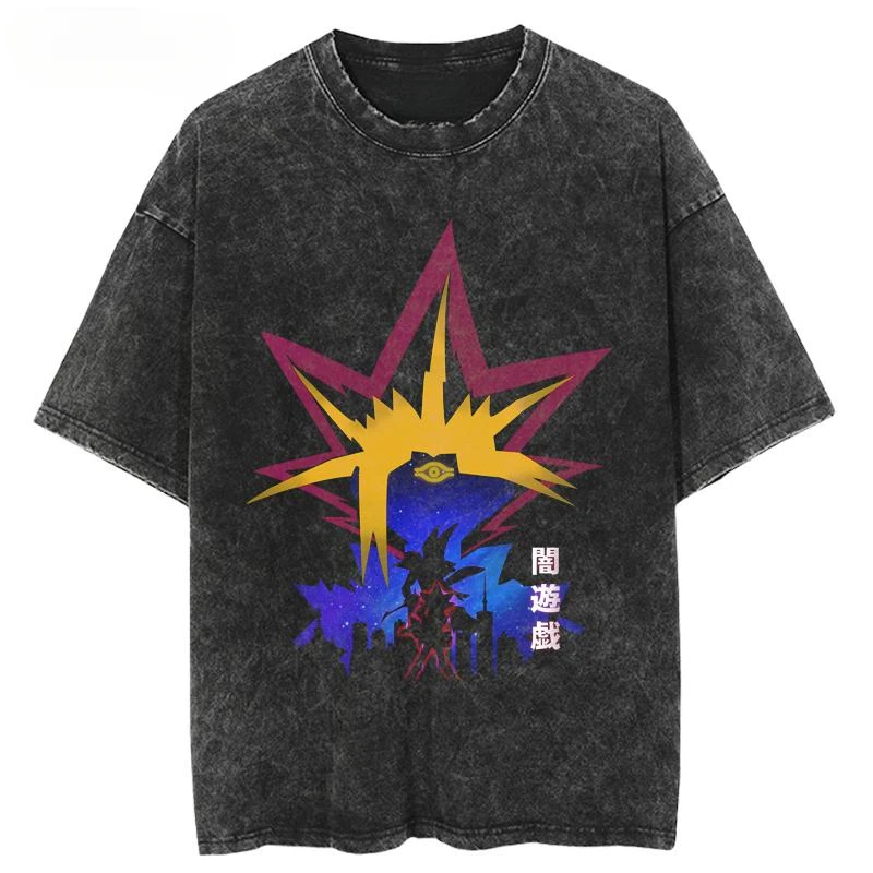 Japanese Anime Washed-out and Distressed Vintage Short-sleeved T-shirt Made of Cotton Yu-Gi-Oh! Duel Monsters GameKing