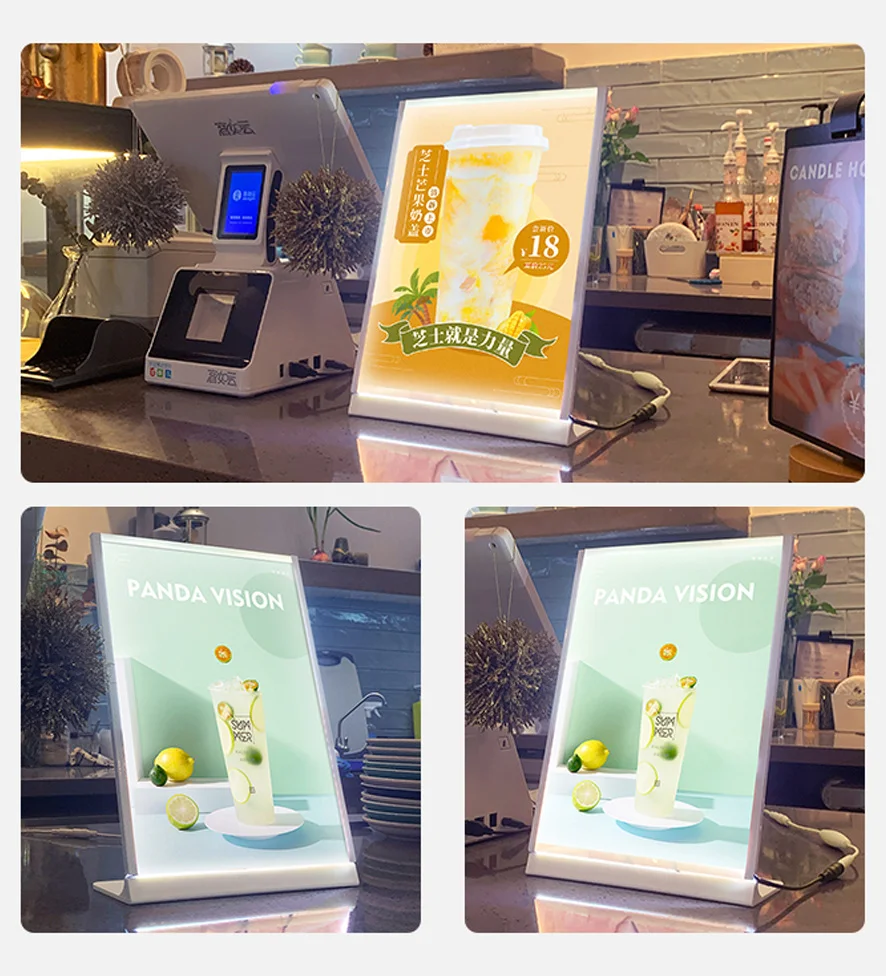 A4 Moving USB Led light restaurant metal display menu stand signs holder for promotional desktop beer bar shop