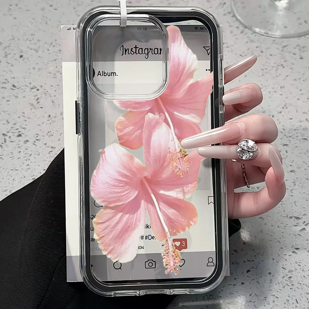 Rosa Hibiskus Transparente Handyhülle für iPhone 17 13 16 15 11 12 14 Pro Max 17 Air XR X Hülle Silikon 2 IN 1 Stoßfeste Weiche Abdeckung – Detail 1