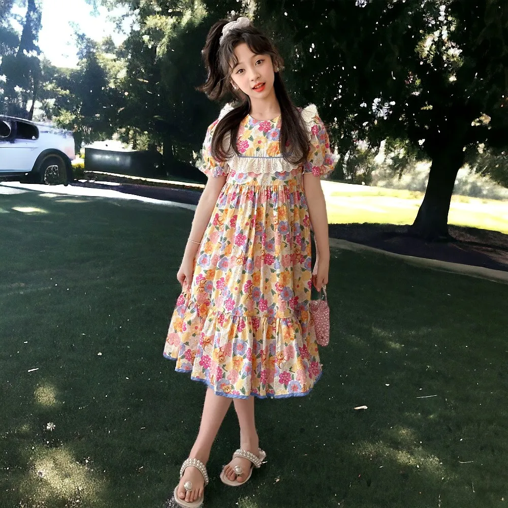 Girls Lolita Flower Dresses for Kids Outfits Party Summer Short  Sleeve Teenagers Costumes Baby Children Clothes 6 8 10 12 Years