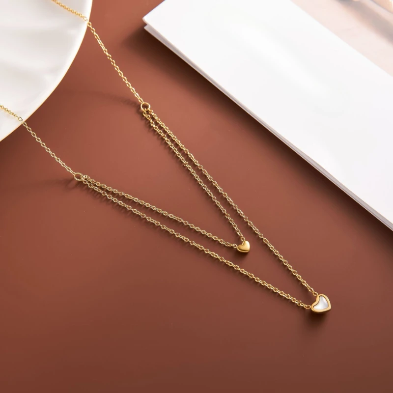 Sweet Gold-color Stainless Steel Double-layer Heart-shaped Fritillary Pendant Necklace for Women Collarbone Chain Jewelry Gifts