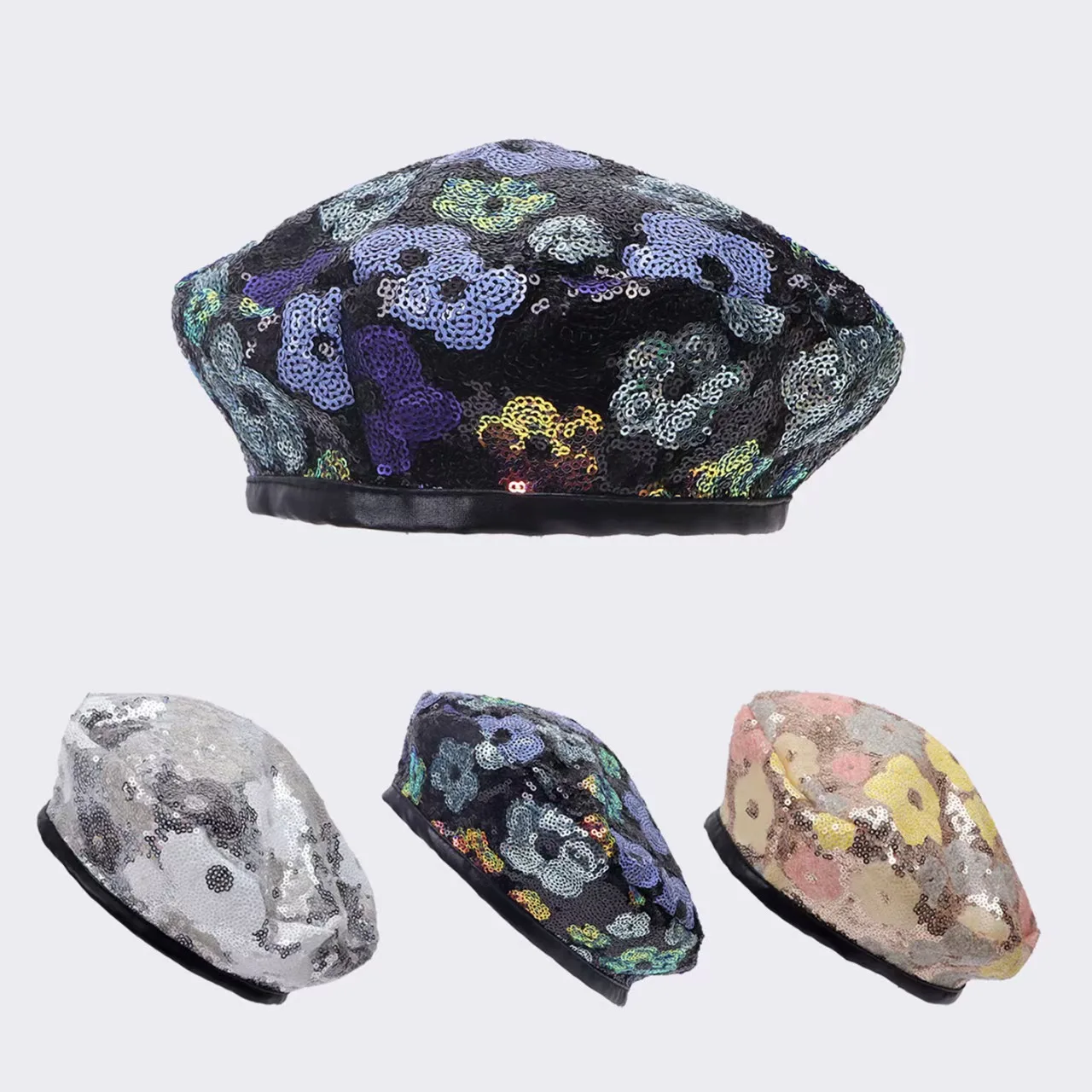 Color-block Sequined Beret, Vintage-style Artist's Cap, and Stylish Floral Bucket Hat.