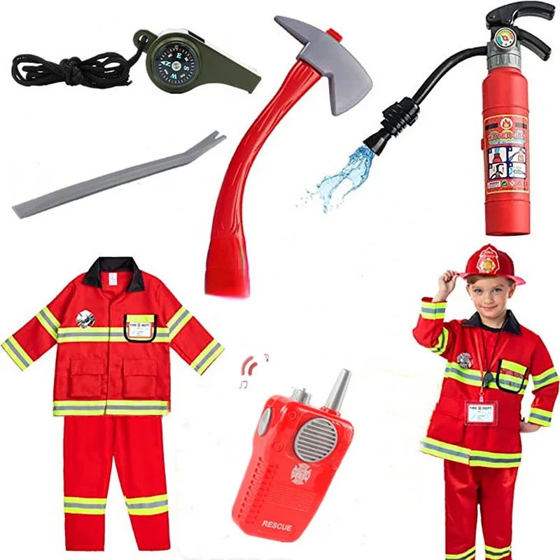 새로운 ❤ 2025 코스프레 애니메이션 어린이 의상 소방관 장난감 도구 무전기 나침반 호루라기 도끼 키트 프레테 ☆ ☆ ☆