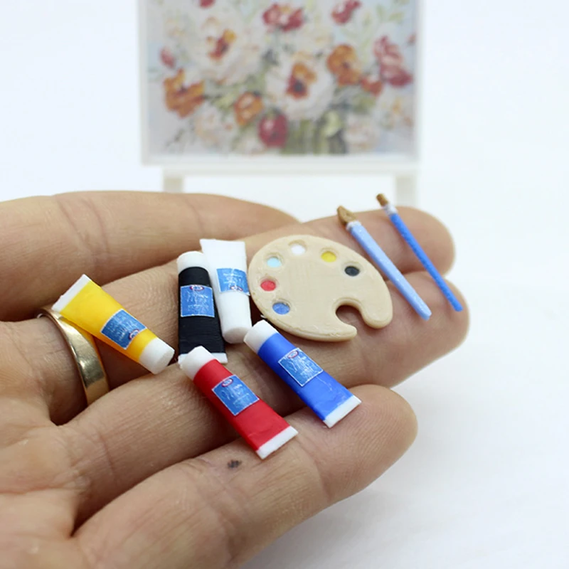 Mini tubo de pigmento para casa de muñecas, paleta de pinceles de pintura, modelo de casa de muñecas, suministros de arte para sala de estar, decoración, accesorios para casa de muñecas