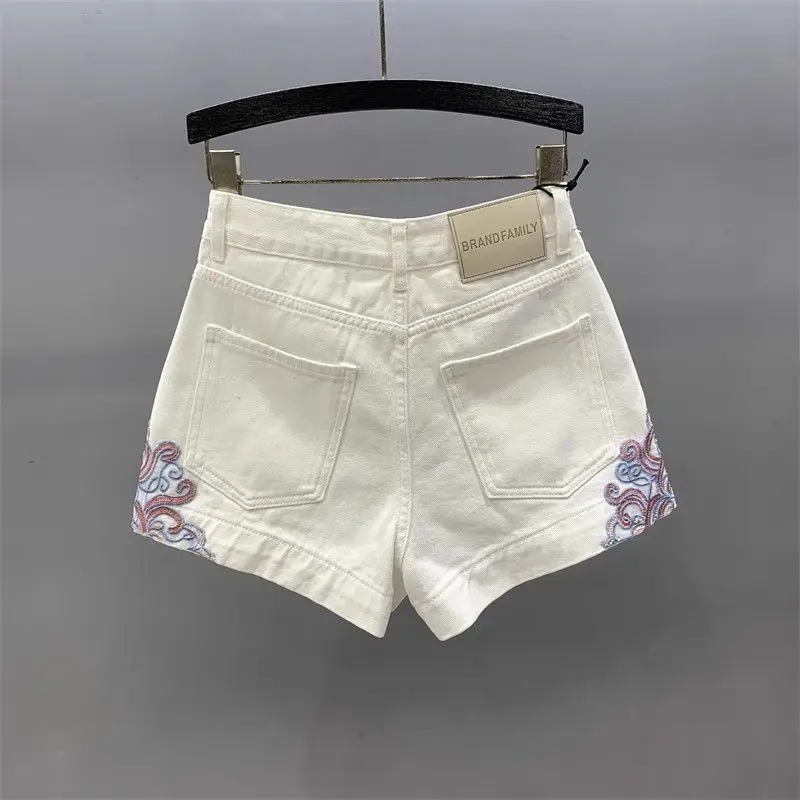 헤비 인더스트리 자수 화이트 카우보이 반바지 여성 여름 신상 하이웨이스트 다용도 슬림 A라인 스트레이트 레그 팬츠