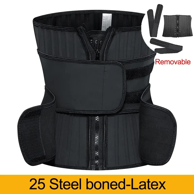 Latex Waist Trainer 25 Steel Bone Body Shaper with 2 Removable Strap Zipper and Hook Modeling Strap Tummy Control Belt