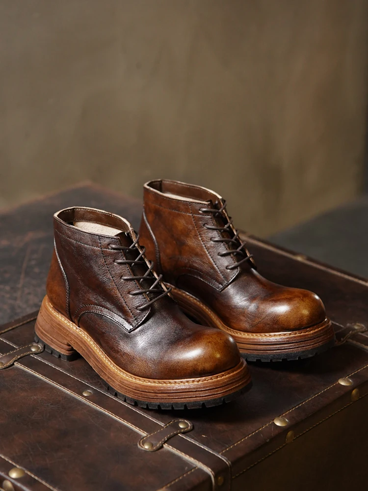 

Retro American Boots Men's High Top Large Head Genuine Leather Briti Sle Heightening Thi Bot Motorcycle Work ...