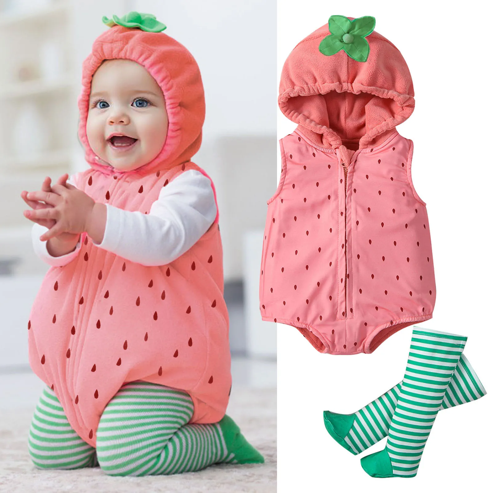 Cute Baby Romper Clothes Set Strawberry Shaped Stage Performance Zip-up Hooded Romper+Striped Stockings Girls Boys Costume