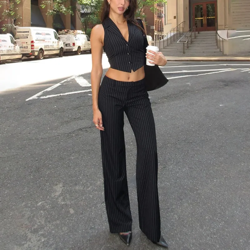 Talenza Weibliche Gestreifte Weste Mode V-ausschnitt Ärmelloses Revers Einreiher Tops Hohe Taille Kurze Dünne Tops Frauen Gestreifte Weste