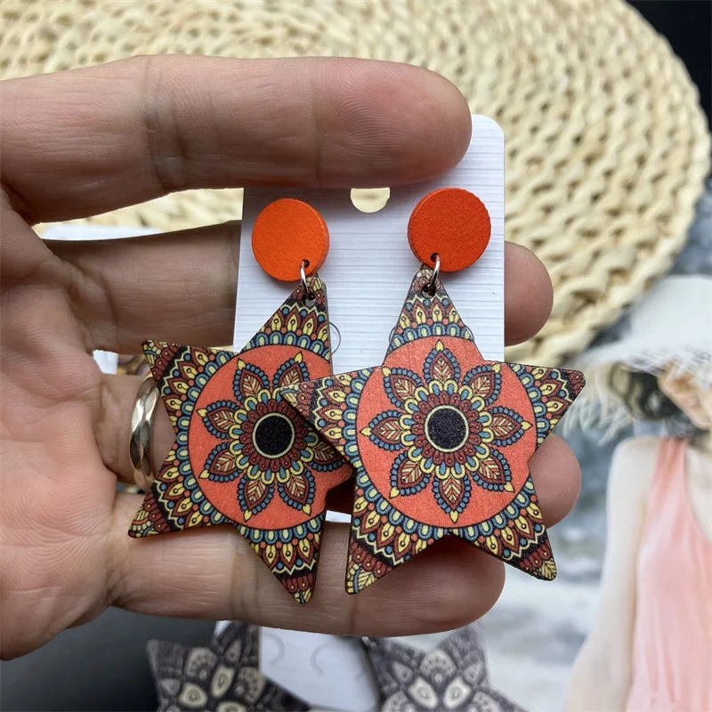 Mode Vintage bemalt große Holz Ohrringe ethnische übertriebene Muster geometrische Aussage Tropfen Ohrringe Urlaub Party Schmuck – Detail 33