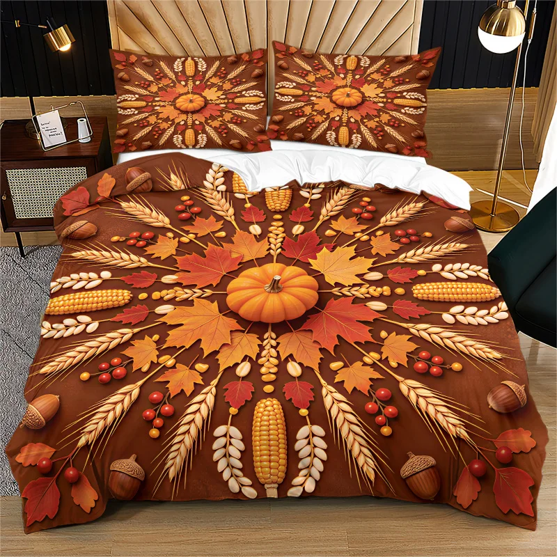 Fall Harvest Pumpkin Maple Duvet Cover Set Bedding Set No Filler Digital Print Comforter Cover, Soft Microfiber for Autumn Farm
