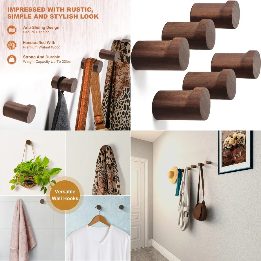 

Wood Wall Hooks 6 Pack Natural Wooden Coat Hooks Wall Mounted Handmade Rustic Hat Hooks Heavy Duty Entryway Wall Hangers for Ha