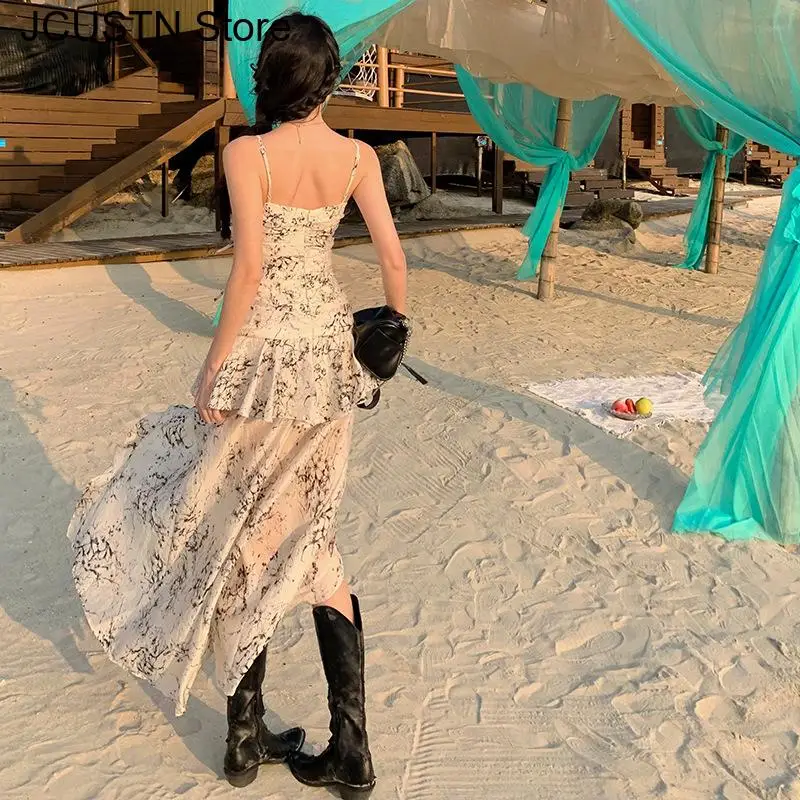 女性のシフォンドレスエレガントなプリントビーチスタイルパーティードレスセクシーなスパゲッティストラップ Vestidos 夏の新しいフリルドレス
