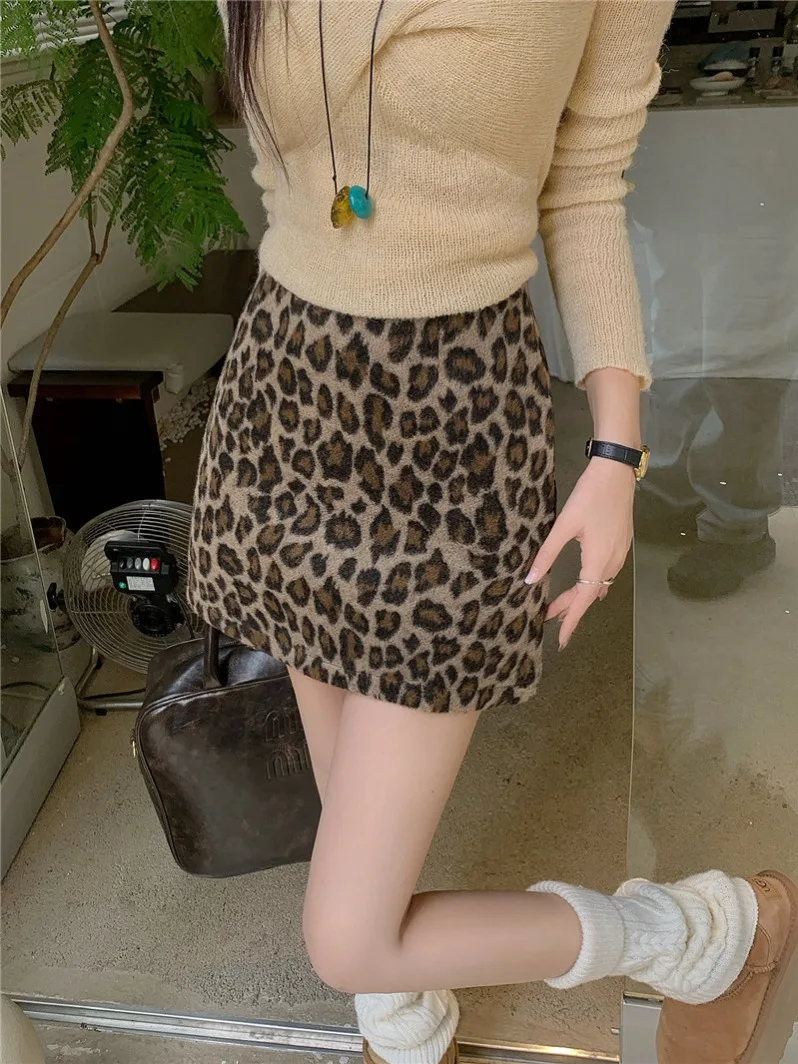 ハイウエスト A ライン スカート レディース ウール チェック柄 痩身 ヒョウ柄 秋冬 通勤 ファッション 韓国 スカート