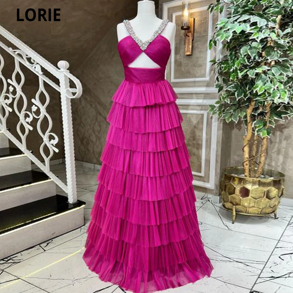 

LORIE Fuchsia Tiered Tulle Prom Dresses V-neck Crystals Straps A-Line Vestidos De Fiesta Elegantes Para Mujer 2023 Party Gowns