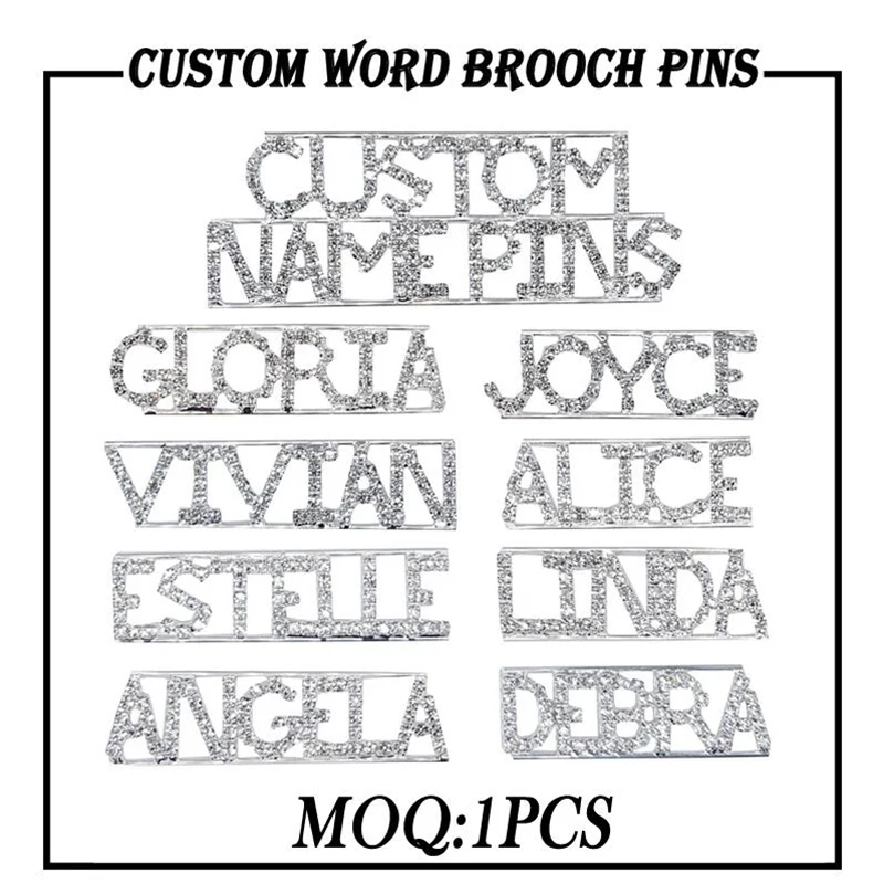 GRANDBLING Name Brooch Crystal Customized Word Pins Handmade Custom Name PLate Pins Wedding Party Badges Unique Jewelry Gift