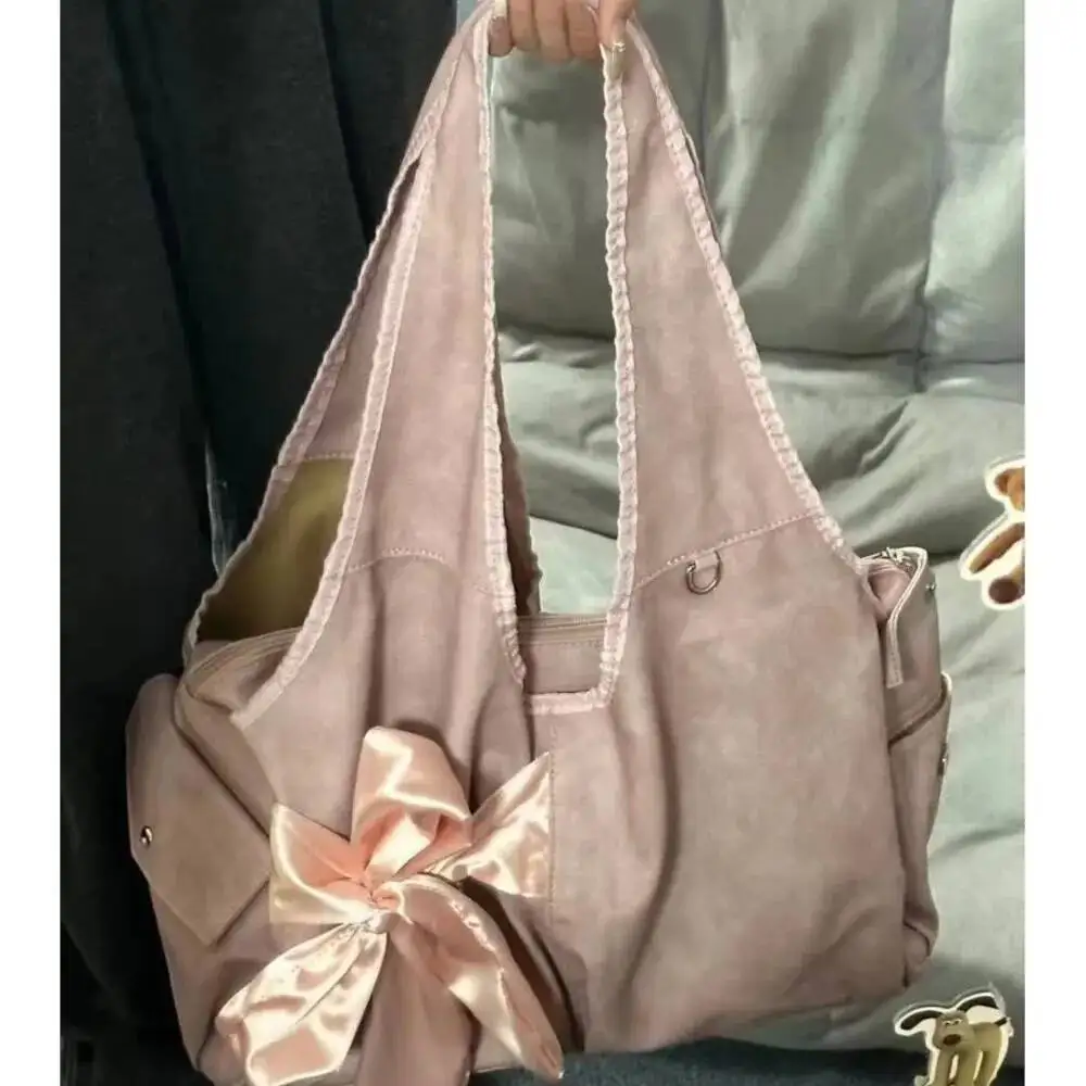 Bloom Haruku Large Capacity Tote Bag Women Fairycore Aesthetic Bow Chic Grey Handbag Female Vintage Cute Shoulder Bags New