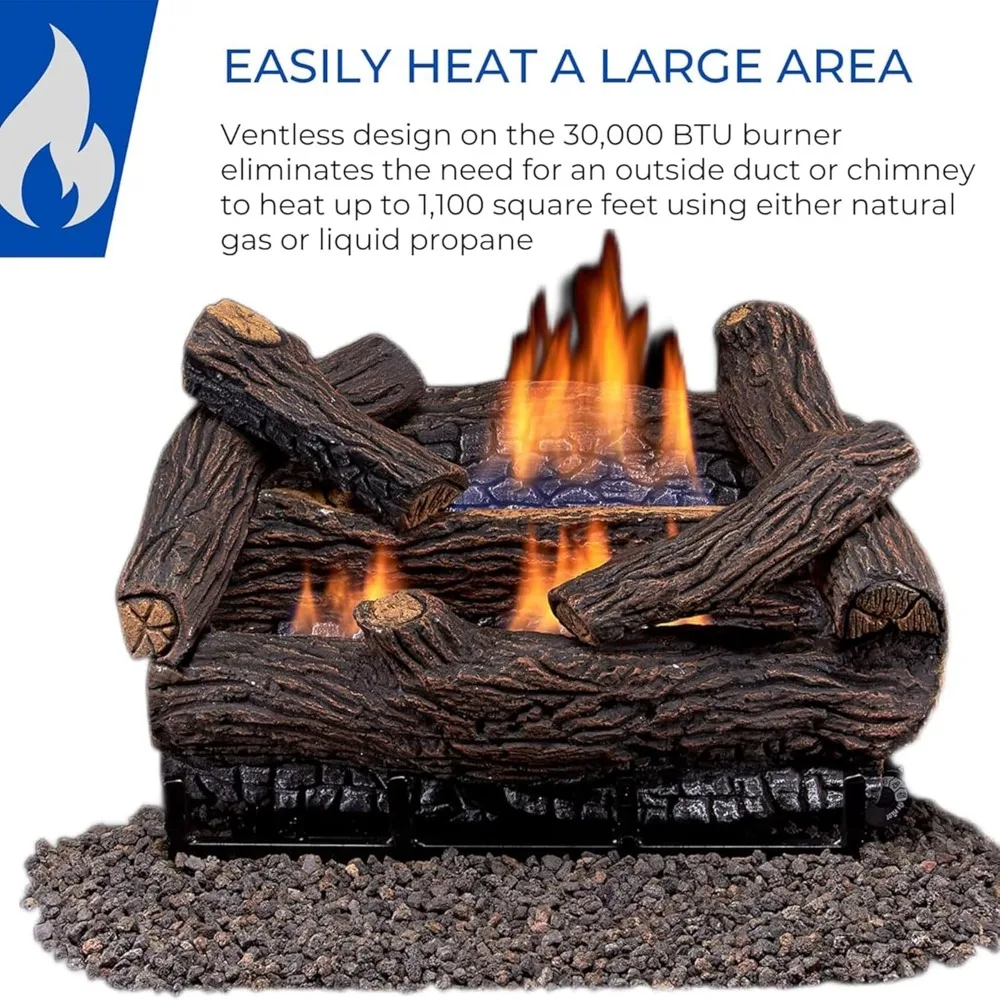 

Dual Fuel Ventless Fireplace Logs Set, Remote Control, Compatible with Natural Gas/LP Gas, 30,000 BTU